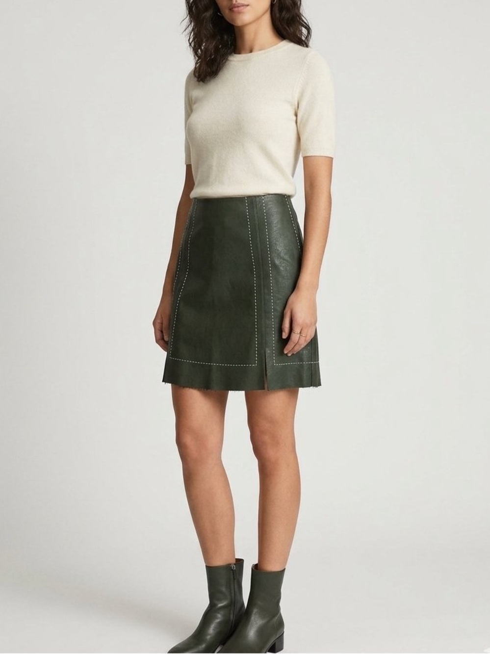 Mi Ami Dark Green Faux Leather Mini Skirt Contrast Stitching Western Fall